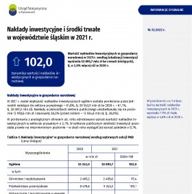 Nakłady inwestycyjne i środki trwałe w województwie śląskim w 2021 r.- pierwsza strona