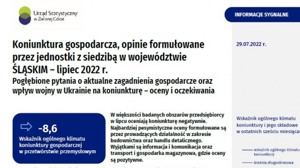 Koniunktura gospodarcza w województwie śląskim - lipiec 2022 r. - pierwsza strona