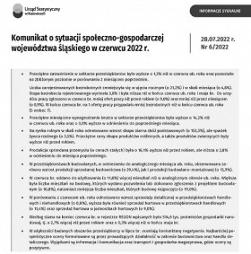 Komunikat o sytuacji społeczno-gospodarczej województwa śląskiego w czerwcu 2022 r. okładka