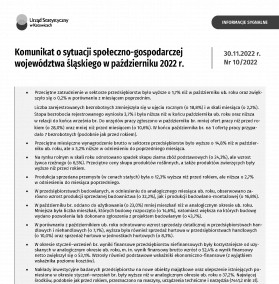 Komunikat o sytuacji społeczno-gospodarczej województwa śląskiego w październiku 2022 r. - 1 strona opracowania