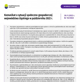 Komunikat o sytuacji społeczno-gospodarczej województwa śląskiego w październiku 2022 r. - 1 strona opracowania